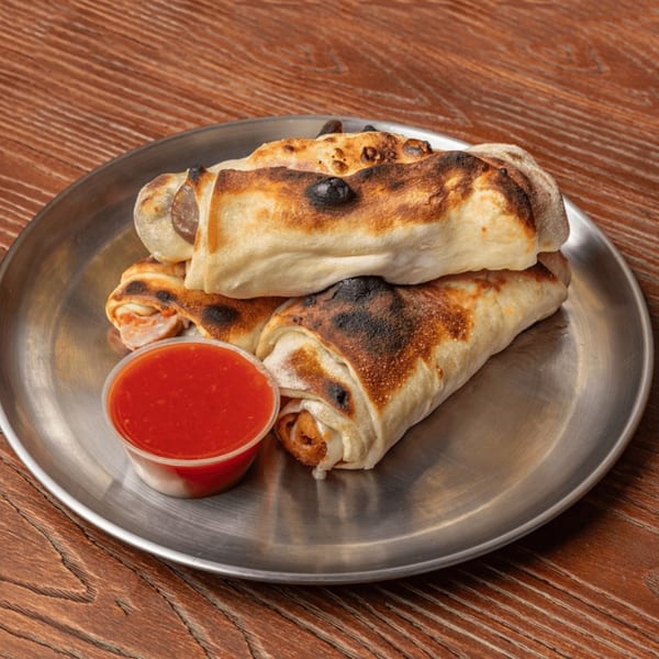 Three golden-brown Italian strombolis with a side of red marinara sauce on a metal plate.